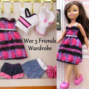 WEE 3 FRIENDS CLOTHES: DRESS, TOPS, SHOES, SKIRT, SHORTS, 6 ITEMS, PRETTY PINK